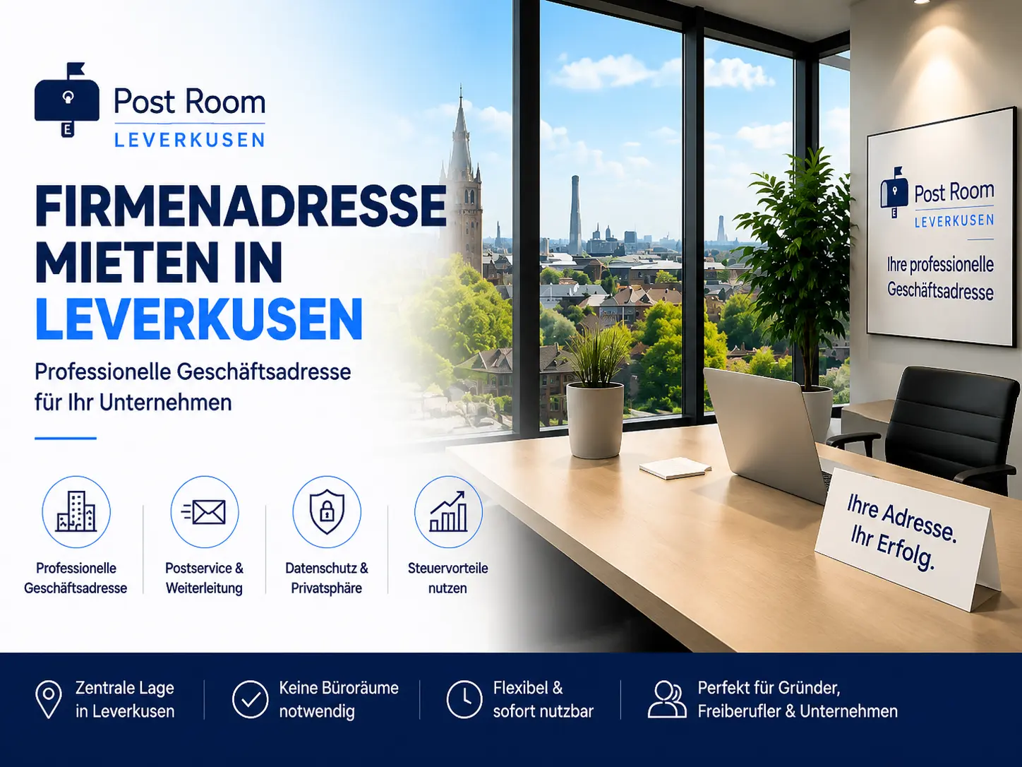 Firmenadresse mieten in Leverkusen mit Post Room professionelle Geschäftsadresse, Postservice, Datenschutz und Steuervorteile