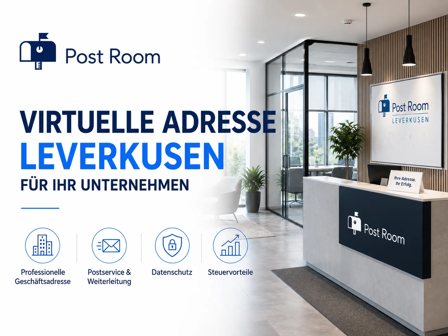 Virtuelle Adresse mieten für Ihr Unternehmen in Leverkusen mit Post Room, Geschäftsadresse, Postservice und Steuervorteilen